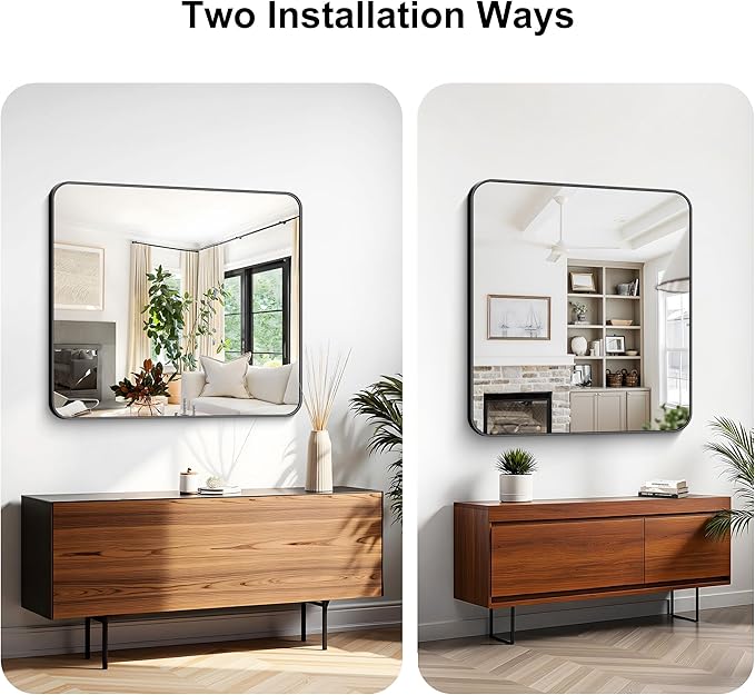 KOCUUY Bathroom Mirror 36"x40", Black Rectangle Mirrors for Wall, Large Metal Framed Vanity Mirror with Rounded Corner for Bedroom Living Room and Entryways Hangs Horizontal/Vertical