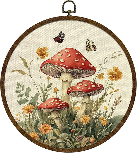 KLYTINK Vintage Fantasy Mushroom Floral Wall Art, Round Canvas Wall Hanging Decor, Fantasy Forest Botanical Illustration, for Living Room,Bedroom,office 10x10 Inch(MG09)