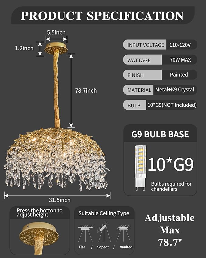 Modern Crystal Chandelier for Dining Room, 31.5" 10-Light Gold Tree Branch Chandeliers, Luxury K9 Crystal Rectangular Chandeliers for Kitchen Island Living Room