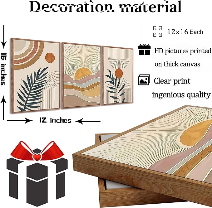 3Pcs Framed Boho Abstract Wall Art Orange Rainbow Sun Desert Minimalist Picture Mid-Century Modern Poster Prints Neutral Botanical Geometric Canvas Painting Wall Decor for Living Room 16L" x 12W"
