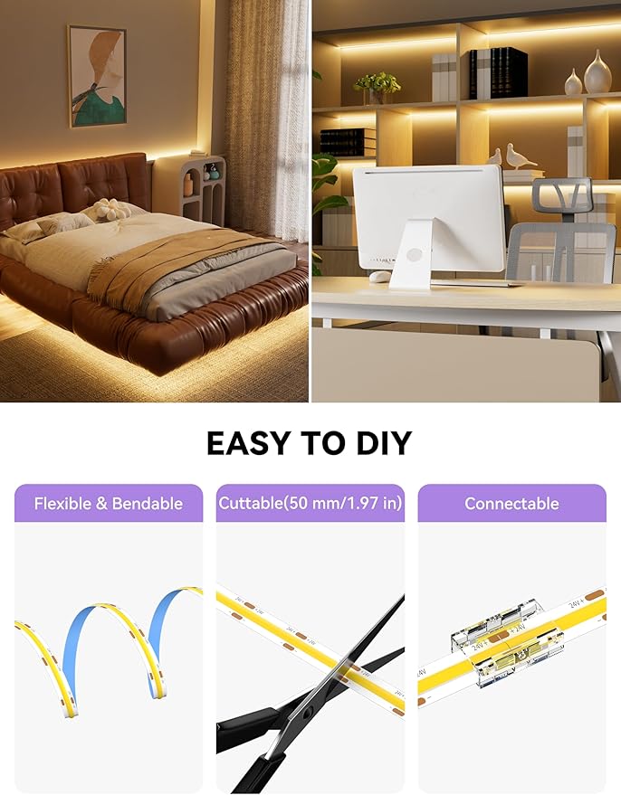 MIWISE COB LED Strip,2700K Warm White 20ft/6.1m,Dimmable Super Bright 24V LED Strip Light,CRI 90+ Flexible Tape Light with RF Remote Timer Function,for Shelf/Cabinet/Bedroom/TV DIY Lighting Project