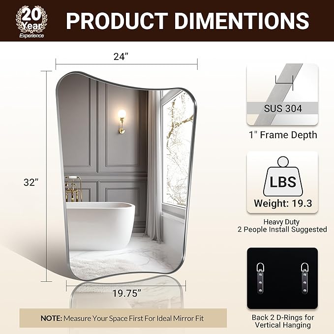 ANDY STAR Brushed Nickel Asymmetrical Wall Mirror, 24x32 Inch Bathroom Vanity Mirror, Butterfly Shaped Designer Mirror Ideal for Home Remodel, Anti-Rust Stainless Steel 1’’ Thin Frame