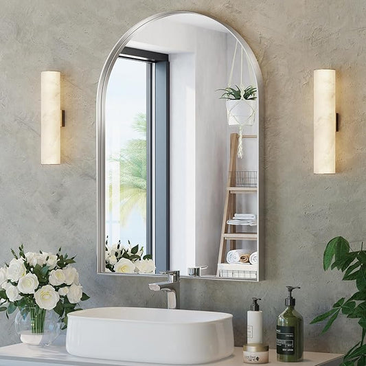 Brightify Arched Mirror, Arched Wall Mirror, 26 x 38 Inch Silver Arch Mirror, Metal Frame Silver Bathroom Mirror, Arched Top Bathroom Vanity Mirror for Living Room Bedroom Mantel Entryway Hallways