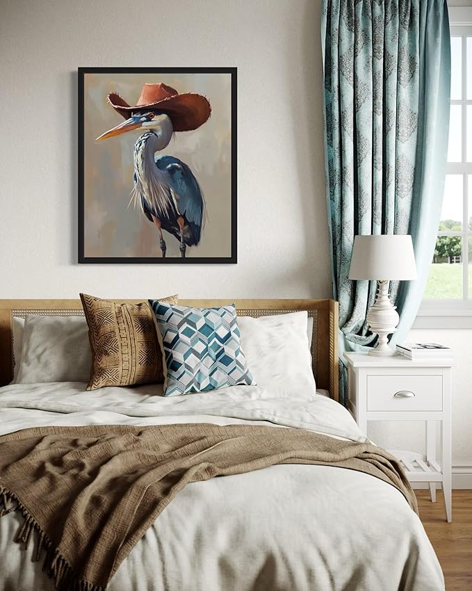 Blue Heron Cowboy Art Print Poster Wall Art, Western Country Farmhouse Wild West for Bedroom, Bathroom, Living Room Art Decor 58 (Blue Heron, 11 x 14 inches, Black Frame)