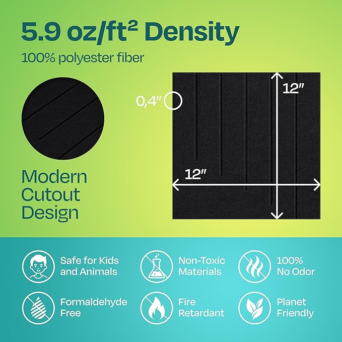 Acoustic Panels 12-Pack Soundproof Wall Panels 12"x12"x0.4" Decorative Sound Dampening for Your Home, Office, Studio, Bedroom & More with Unique LineWave Carving [Deep Black]