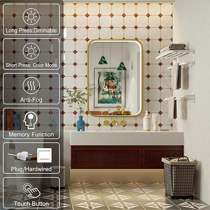 20x28 Inch Gold LED Bathroom Mirror with Lights, 3000K/4500K/6000K, Wall Mounted Framed Lighted Bathroom Vanity Mirrors, Anti-Fog, Stepless Dimmable, Memory Funtion, Horizontal/Vertical