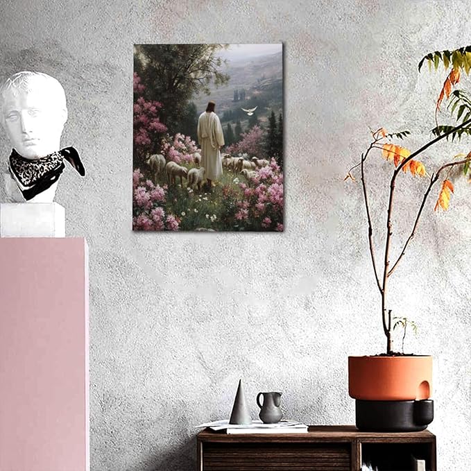 Jesus Wall Art Christian Jesus Lamb Wall Decor Religious God Canvas Painting Pictures Print Christ Decorations for Living Room Bedroom Church Framed Gifts 16”X20”