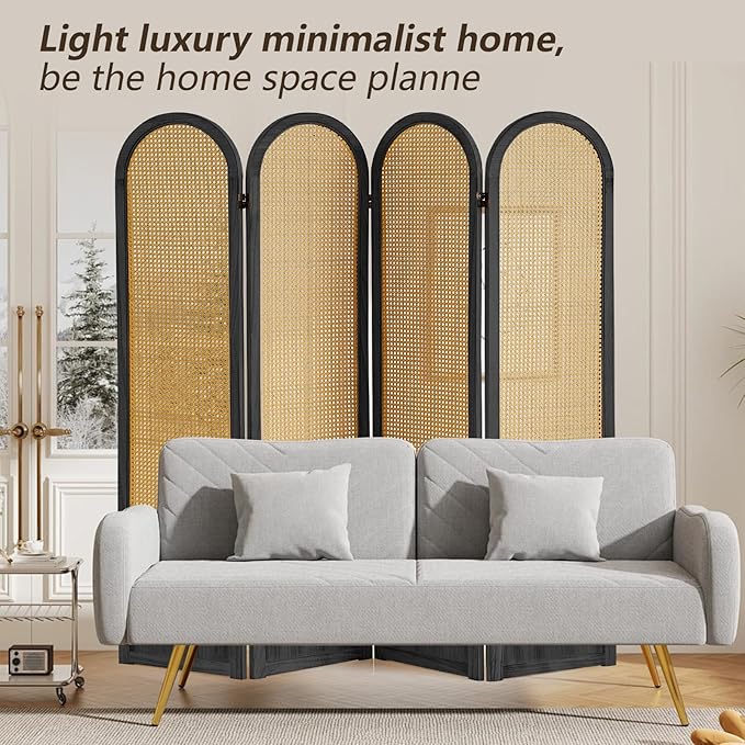 4 Panel Rattan Room Divier, Room Divider Panel and Folding Privacy Screens, Room Divider Wall, Solid Wood Frame, Partition Room Dividers, Bedroom, Dining Room, Lounge, Black