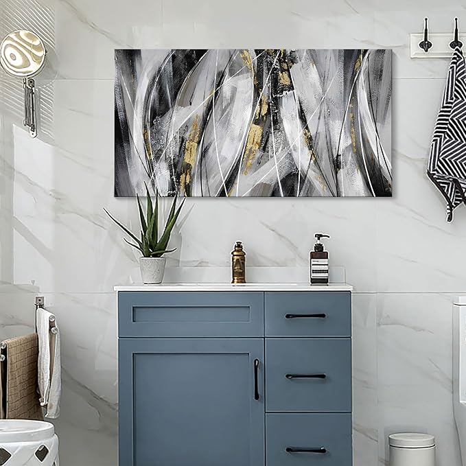 KLAKLA Abstracr Wall Art for Office - Black Wall Decor Gold White Gray Abstracr Canvas Wall Art - Bedroom Art Painting Picture Artwork for Wall - 20x40 Inches