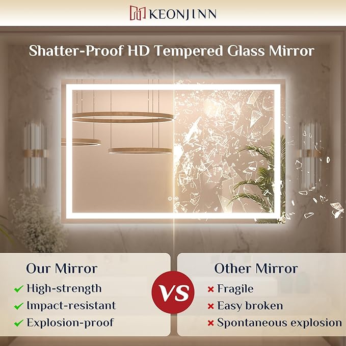 Keonjinn LED Bathroom Mirror 28 x 36 Inch, Frontlit & Backlit Vanity Mirror with 3 Color Lights, Lighted Mirror for Bathroom Wall with Anti-Fog, HD Tempered Glass, UL-Listed LED Driver, CRI90+