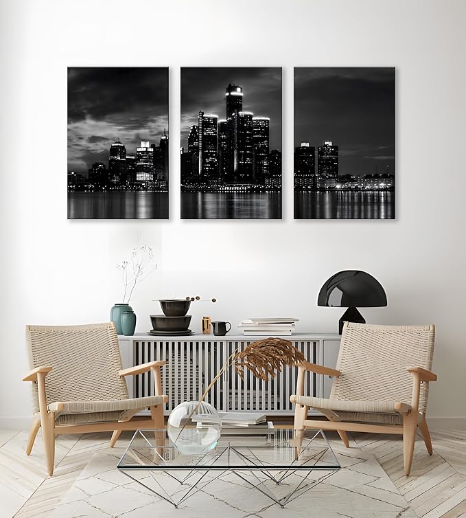 NAN Wind 3 Pcs Wall Art Beautiful Detroit Skyline Black & White Canvas Art Paintings For Room Decor Cityscape Skyscrapers Night Scene Picture Prints On Canvas For Home Decor Modern Giclee Framed