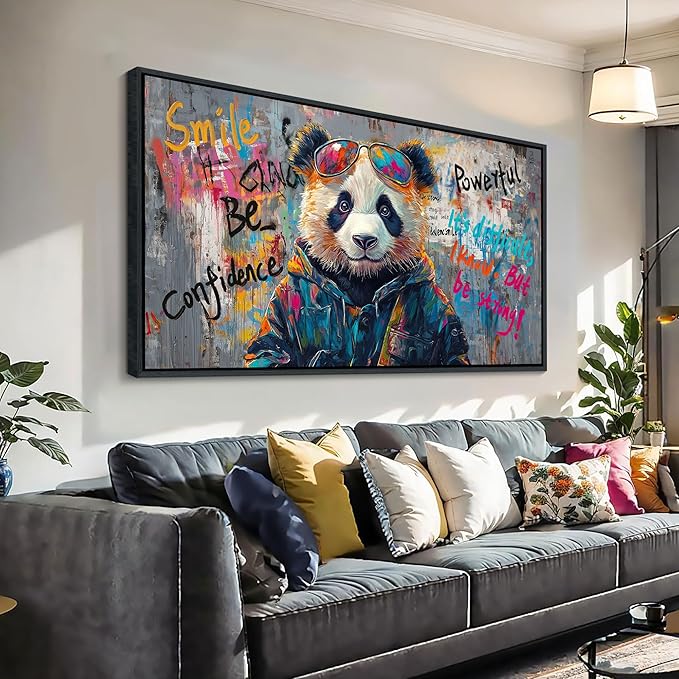 JEAWA Large Canvas Framed Wall Art, Panda Abstract Graffiti Street Art Pop Wall Picture Black and White Paintings Ready to Hang Living Room Bedroom Study Home Office Inspirational Decor 29x58 IN