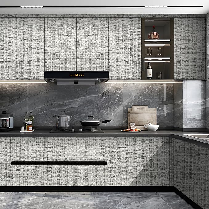 15.75"x393.70" Gray Wallpaper Grasscloth Peel and Stick Wallpaper Faux Linen Textured Removable Wall Paper Self Stick Grey Contact Paper for Wall Decoration Thickened Cabinets Desk Coverings