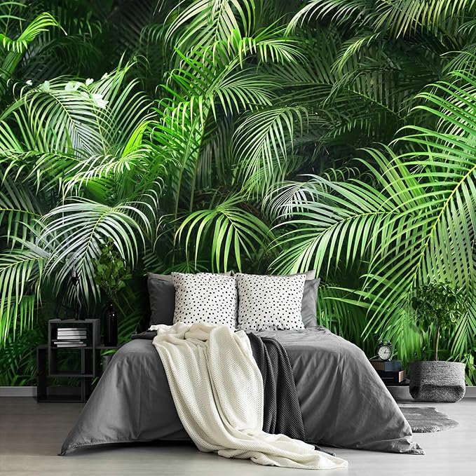 -Green Tropical Botanical Palm Leaf Wallpaper Large Wall Mural for Living Room Bedroom (Papel tapiz para pared de habitatacion) 108" x 75" (It's not Peel and Stick)