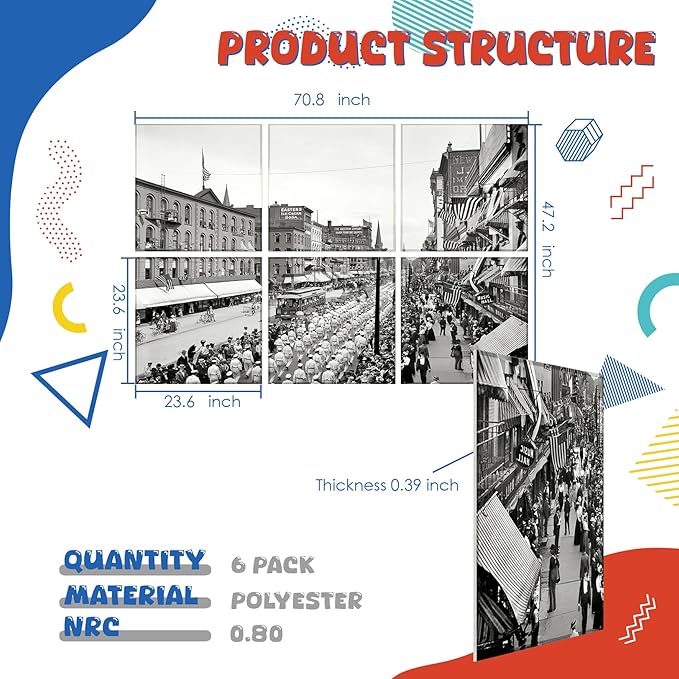 Acoustic Wall Panel 6 Pack, 23.6"x23.6"Decorative Art Soundproof Panel, Sound Absorb Self-Adhesive Panel, Acoustic Treatment for Studio, Home Theater, Office (Spectacle March 1900)