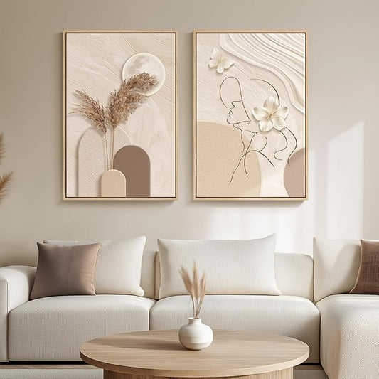 Large Framed Neutral Abstract Wall Art for Living Room, 2 Piece Tan and Cream Beige Canvas Prints Paintings Artwork for Walls, Woman Silhouette Big Pictures for Bedroom Dining Room Office Wall Decor