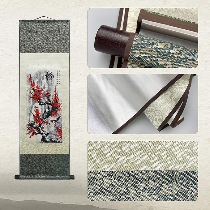 AtfArt Asian Wall Decor Beautiful Silk Scroll Painting 4 Righteous Men Flowers - Plum Orchid Bamboo Chrysanthemum Oriental Decor Chinese Art Wall Scroll Hanging Painting Scroll (Plum)