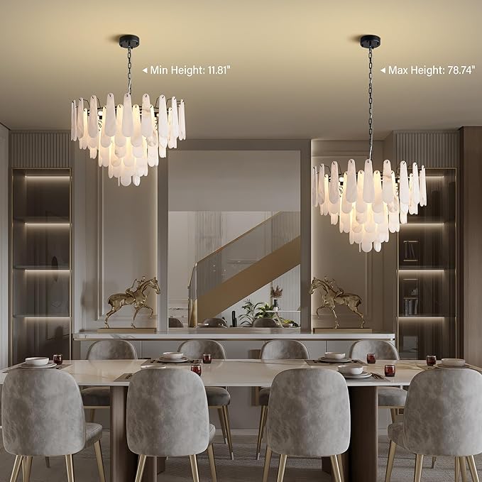 Alabaster Chandelier, D31.5 in Modern Round Chandelier, 6-Tiers Luxury Large White Marble Black Chandeliers for Dining Room Bedroom Foyer Living Room Entryway