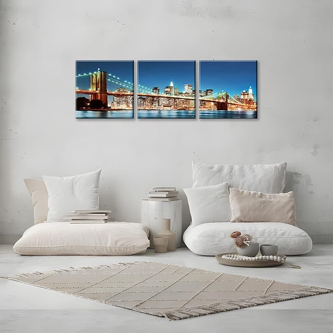 NAN Wind 3PCS Brooklyn Bridge Canvas Art Illuminated NYC Skyline with City Lights Wall Decor Modern Manhattan Night View Panoramic Prints Contemporary Water Reflection Canvas Set for Living Room