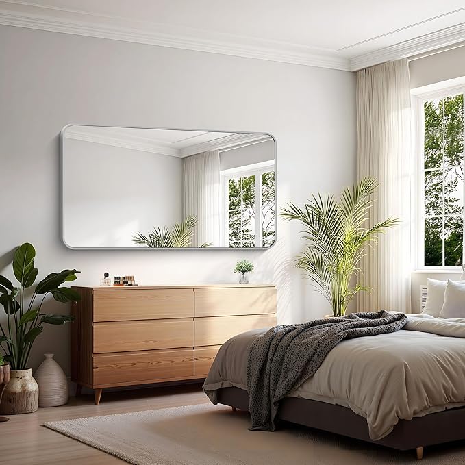 KOCUUY Silver Bathroom Mirror, 30x55 Inch Bathroom Mirror for Over Sink, HD Tempered Glass, Anti-Rust Brushed Silver Frame, Rounded Corner Modern Design for Bathroom, Hang Horizontal/Vertical