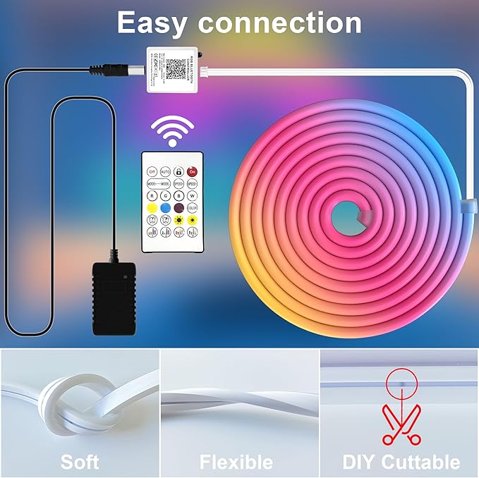 Cozylady RGB Neon LED Rope Lights, Waterproof Bluetooth APP Remote Control Music Sync Strip Lights, 24V Flexible DIY Silicone Light for Bedroom Home Indoor Outdoor Decor (15M/50Ft)