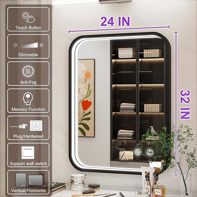 24x32 Inch Black LED Mirror for Bathroom with Lights, 3000K/4500K/6000K, Wall Mounted Lighted Bathroom Vanity Mirrors, Stepless Dimmable, Memory Funtiom, Anti-Fog, Horizontal/Vertical