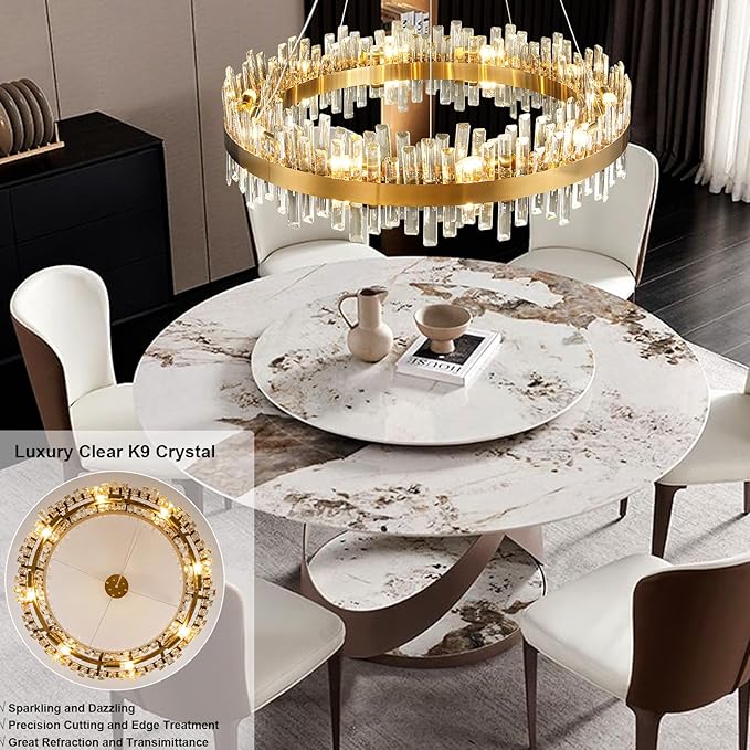 Modern Crystal Chandeliers, 16 Lights Brass Gold Round 2-Tier K9 Crystal Raindrop Chandelier, Luxury Flush Mount Pendant Ceiling Light for Living Room Bedroom Entryway Kitchen Foyer D31.5''
