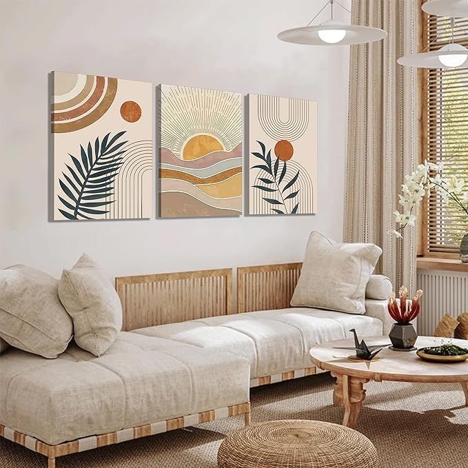 3Pcs Framed Boho Abstract Wall Art Orange Rainbow Sun Desert Minimalist Picture Mid-Century Modern Poster Prints Neutral Botanical Geometric Canvas Painting Wall Decor for Living Room 24L" x 16W"