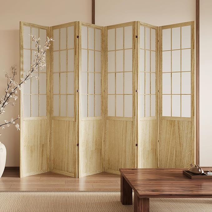 5.6FT Room Divider and Folding Portable Partition Screen, Chinese Japanese Shoji Style for Room Separation - 6 Panel (Natural)