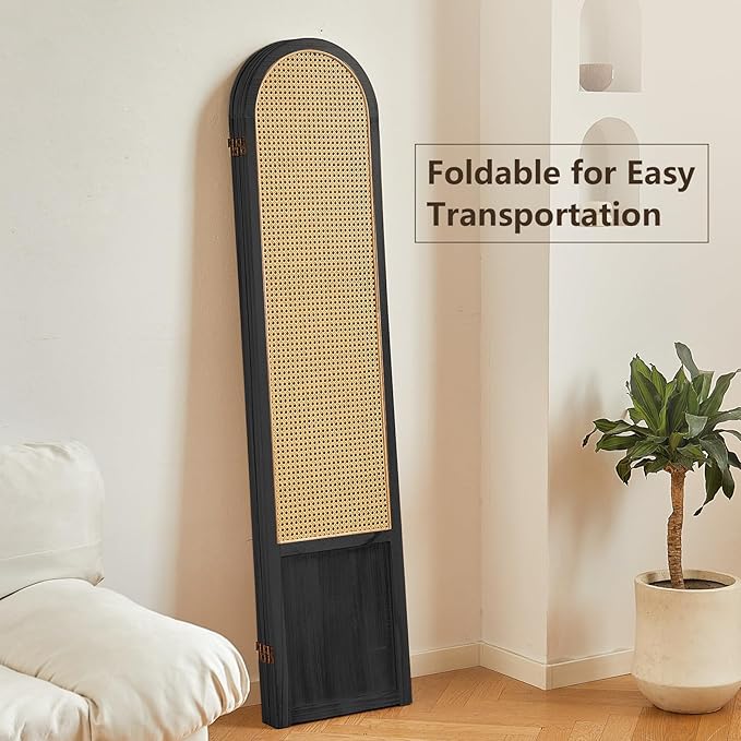4 Panel Rattan Room Divier, Room Divider Panel and Folding Privacy Screens, Room Divider Wall, Solid Wood Frame, Partition Room Dividers, Bedroom, Dining Room, Lounge, Black