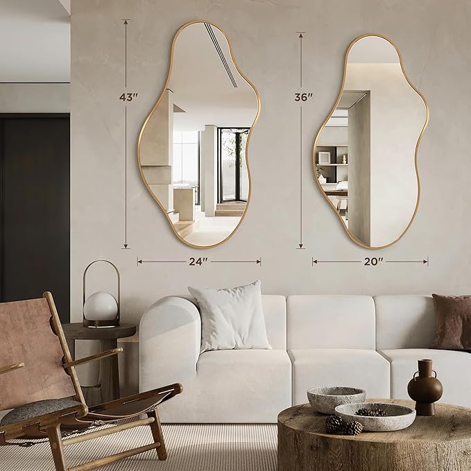 Bathroom Mirrors for Over Sink - Long Wall Mirrors Decorative 20"x 36" Asymmetrical Abstract Aviation Aluminum Alloy Frame Unique for Bedroom, Living Room, Cloakroom, Entryway Gold