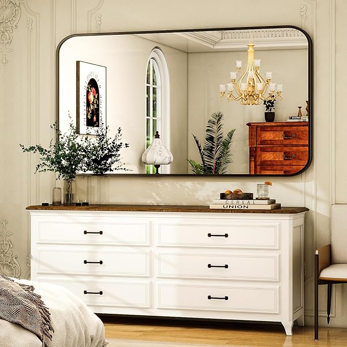 30 x 48 Inch Bathroom Mirror, Rounded Rectangular Vanity Mirror for Wall, Modern Mirror for Room Decor, Black Framed Wall-Mounted Mirrors for Home Decor, Hangs Horizontally or Vertically