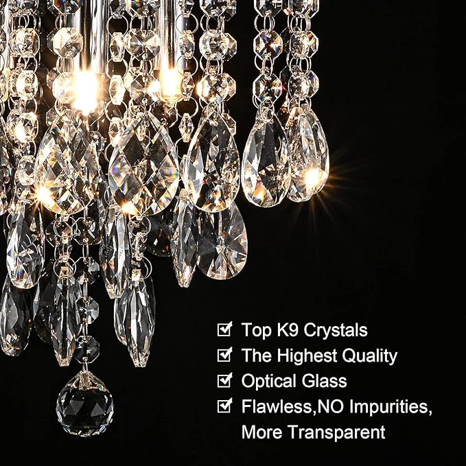 3-Light Modern Small Chandelier G9 Base, Mini Crystal Flush Mount Ceiling Light Fixture Silver Finish, Ideal for Bedroom, Kitchen, Closet, Bathroom, Hallway (Chrome)