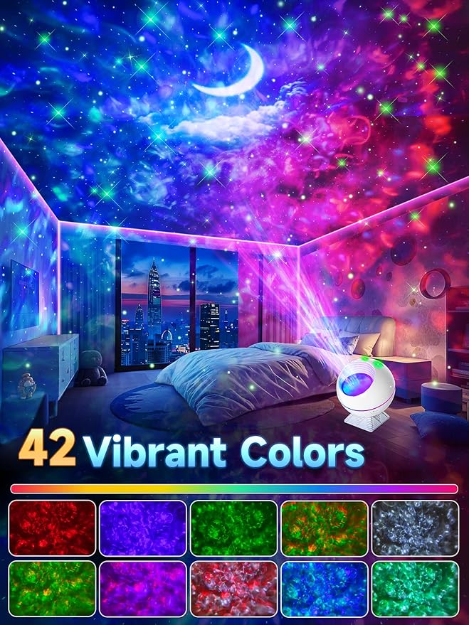 One Fire Galaxy Light Projector, 42 Colors Star Projector Galaxy Light+Moon+Clouds, Unique Rhythm Mode, Dimmable+Remote Control Starlight Projector, Adults, Kids