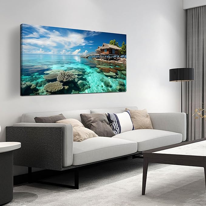Ocean Scenic Canvas Wall Art, Blue Seascape Wall-Decor Picture , Ocean Scenery Canvas Decoration, Coastal Landscape Print Decorative Artwork for Home living Room Bedroom and Office, Size 48x24 Inches