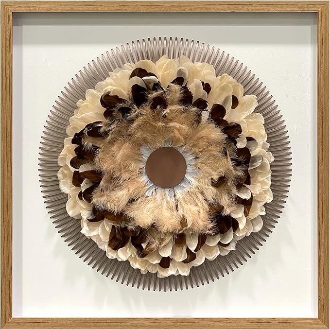 BrightA Handmade Bohemian Wall Art Circular Feather and Leather Wall Sculpture with Organic Textured Gray Backdrop Boho Decor for Living Room Study Spaces 31.5"x31.5"