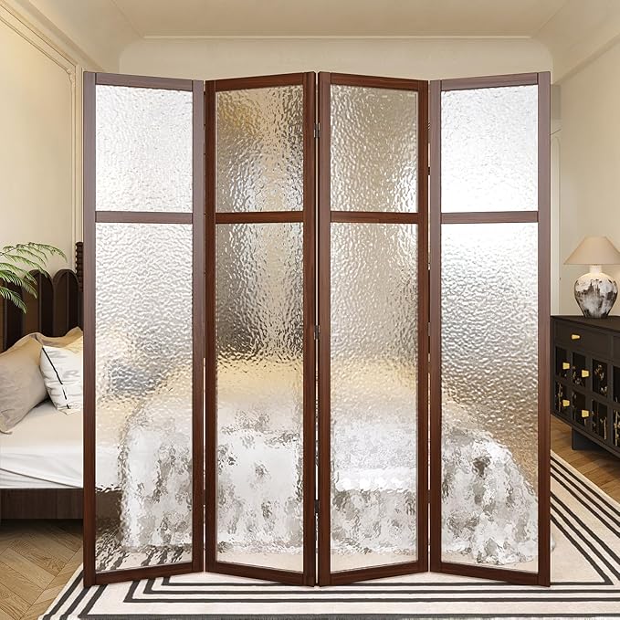 4 Panel Acrylic Room Divider Privacy Screen - Freestanding Frosted Translucent Partition, Lightweight Modern for Home Office Studio (Walnut, 4 Panels)