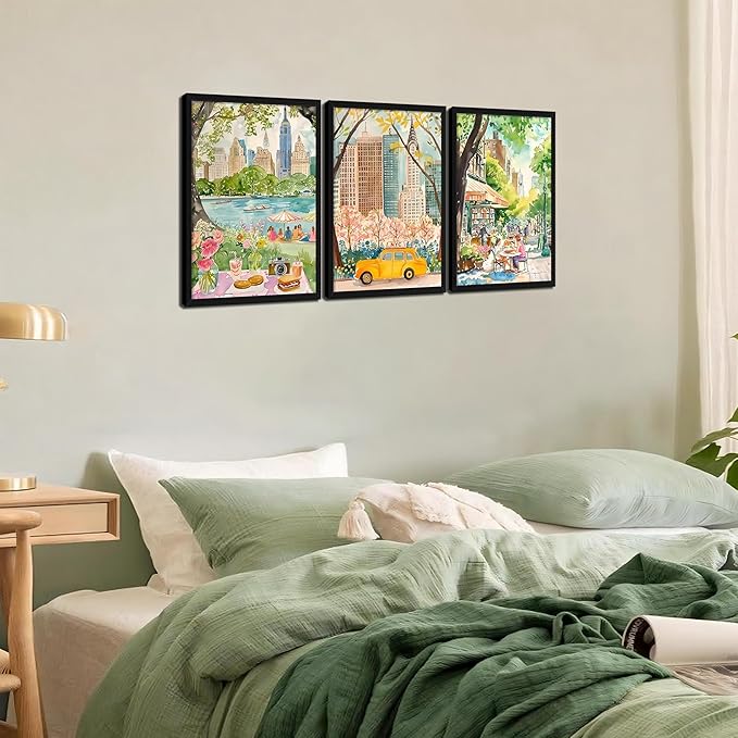 MUWAK Framed New York City Canvas Wall Art Set of 3 – Colorful NYC Skyline Central Park Yellow Taxi Posters, Modern Urban Landscape Wall Decor for Living Room Bedroom Office – 12x16in