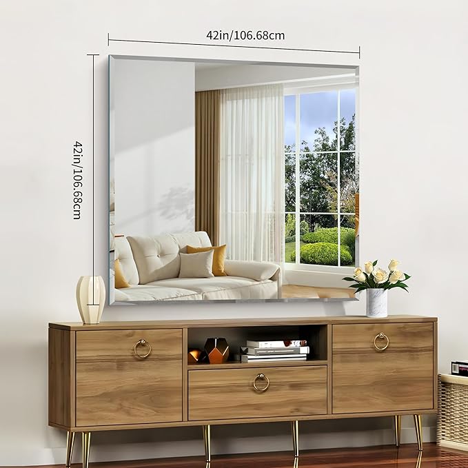 Beveled Mirror, 42x42 inch Square Bathroom Mirrors for Wall, Upgraded Shatterproof Frameless Vanity Mirror Over Sink with Beveled Edge for Bathroom,Bedroom,Living Room and Entryway
