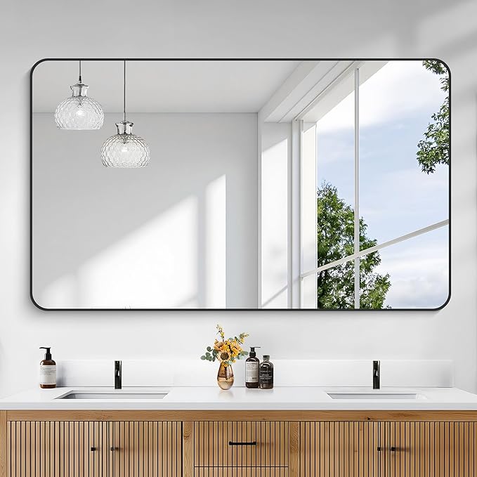 KOCUUY Black Bathroom Mirror 60"x36", Large Vanity Mirror with Rounded Corner, Metal Black Frame with Mordern Design for Bathroom, Living Room, Entryway, Hang Horizontal/Vertical