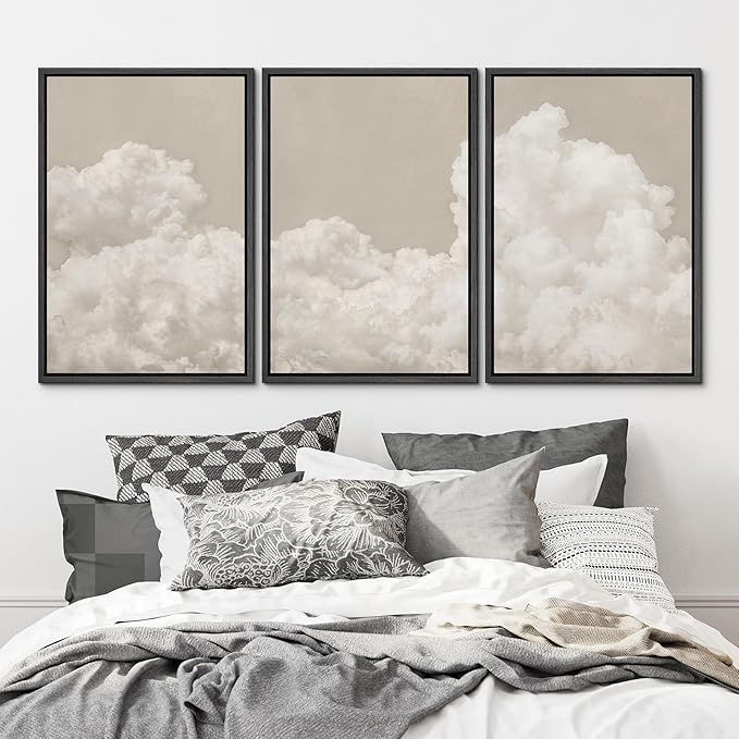 MUDECOR Framed Wall Art Print Set Serene Sky Filled with Fluffy Clouds Illustrations Modern Art Decorative Colorful Chic for Living Room, Bedroom, Office - 16"x24"x3 Black