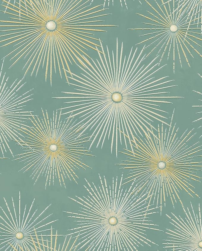 NextWall Star Burst Geo Mid Century Peel and Stick Wallpaper (Teal & Metallic Gold)