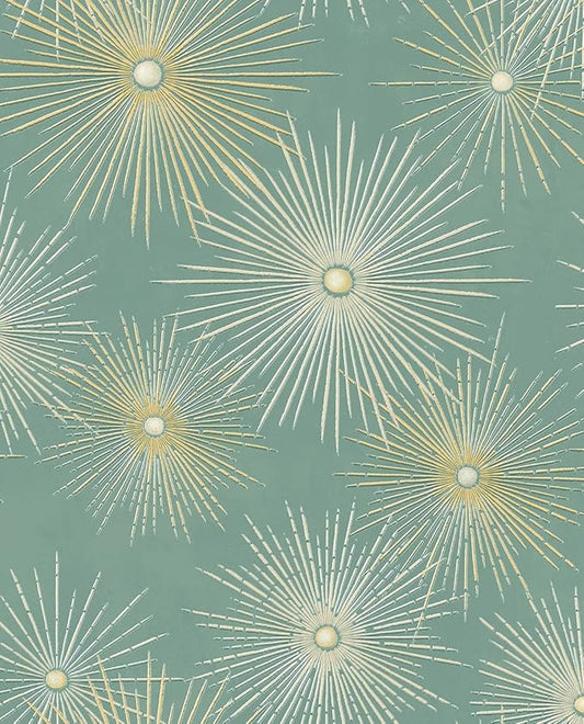 NextWall Star Burst Geo Mid Century Peel and Stick Wallpaper (Teal & Metallic Gold)