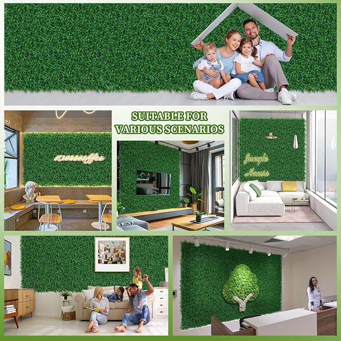 BonBloom's Artificial Grass Wall, 10" X 10" Set of 24(16.8 sqft), UV Protected for Indoor Outdoor Use, Realistic Greenery Wall Decor for Privacy Fences, Garden Walls, and Party Backdrops.