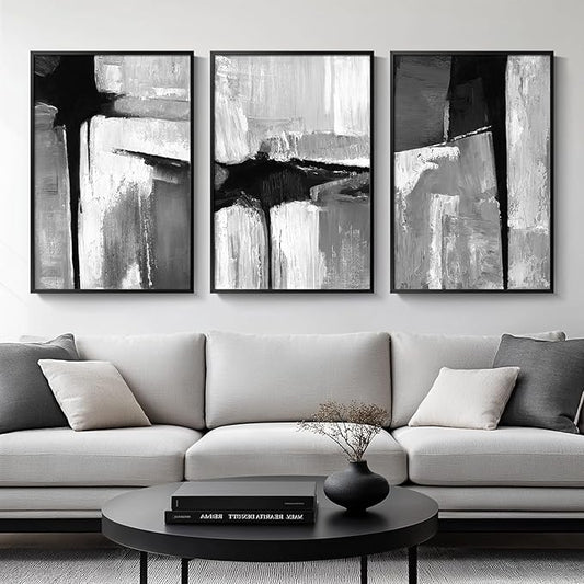 Large Framed Black and White Gray Abstract Wall Art, 3 Piece Modern Canvas Prints Paintings Artwork for Walls, Grey Abstract Pictures for Living Room Hallway Bedroom Office Wall Decor Total 30x60 In