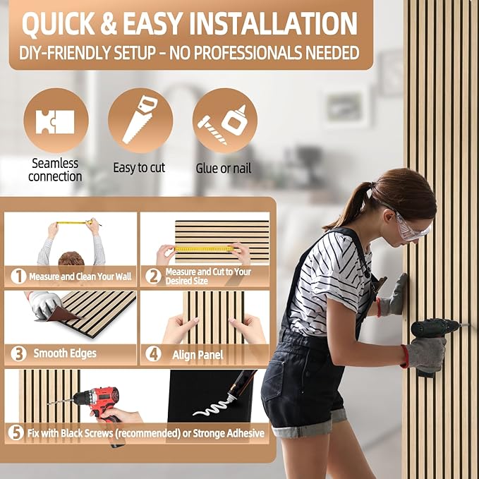 Acoustic Wood Slat Wall Panels - White Oak Soundproof Paneling for Interior Wall Decor, Modern Design, 94" x 12", 4-Pack