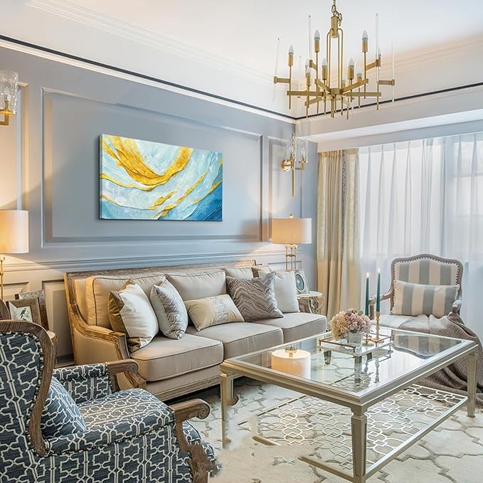 Nicetop Modern Large Abstract Wall Art – Blue and Yellow Flowing Lines Canvas Prints Contemporary Coastal Artwork Horizontal Decorative Wall Picture for Living Room Bedroom Home Office Decor 48x24 Inch