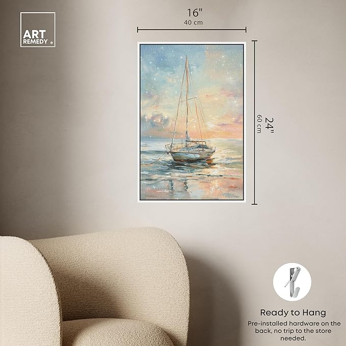 Art Remedy Boat On The Shore Framed Sailing 1 Piece Canvas Wall Art, 17" x 25", White Frame
