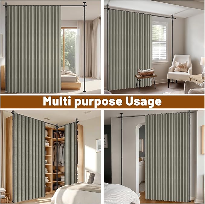 AJAZZ Privacy Curtains for Room Divider with Blackout & Soundproof (Grey, W100 x L84 in, 1 Panel)+ No Drill Curtain Rods(H) 43-120×(W) 35-100 in, Wall Divider for Bedroom/Studio/Office Curtain