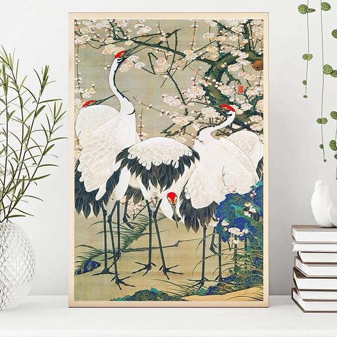 OZCONO Japanese Crane Wall Art Print, Cherry Blossom Birds Artwork, Traditional Asian Home Decor, UV-Resistant Giclée Print (36L x 24W)